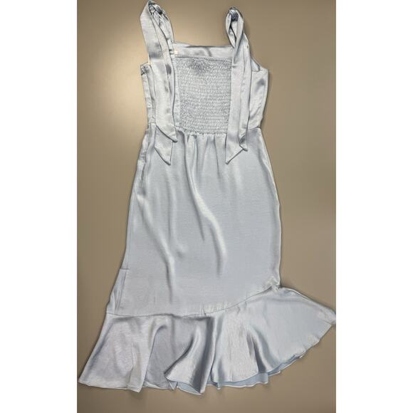 Skies Are Blue Satin Midi Dress XS Pastel Baby Blue Bridesmaid Bow Straps Ruffle - Picture 14 of 16